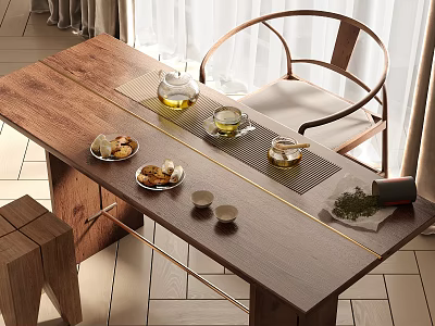 Simple Wooden Tea Table and Chair with Tea Set Cups Snacks on Tray 3d model