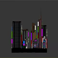 3D City Skyline Night View with Tall Buildings Various Shapes Heights Colorful Neon Lights Reflections