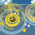 Circular Playground Equipment Featuring Yellow White Structures And Central Trees For Children