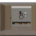 Open Folding Doors in Modern Interior with Framed Artworks and Fireplace Flames
