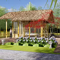 Traditional Thatched House With Bamboo Structure Glass Windows Stone Path And Hydrangea Garden