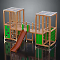 Sturdy Wooden Playground Equipment With Green Panels Transparent Roofs Slide And Climbing Platforms
