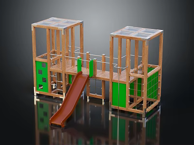 Sturdy Wooden Playground Equipment With Green Panels Transparent Roofs Slide And Climbing Platforms 3d model