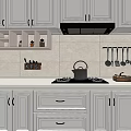 Modern White Kitchen Interior With Cabinets Stove Sink Hanging Utensils And Window Blinds