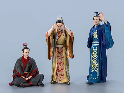Three Men in Traditional Historical Costumes with Various Poses and Ornate Details 3d model