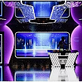 Futuristic Bar Interior With Purple Lighting Stage Neon Lights Background Screen And Person Silhouette