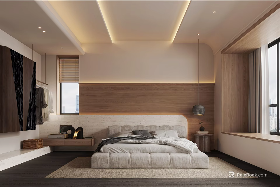 Modern Bedroom Interior Design With Wooden Headboard Wall Bed And Ambient Lighting 3d model 
