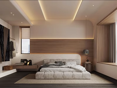 Modern Bedroom Interior Design With Wooden Headboard Wall Bed And Ambient Lighting 3d model