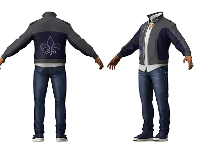 Men's Clothing Store Featuring Stylish Gray Purple Jacket With Emblem And Blue Casual Jeans 3d model