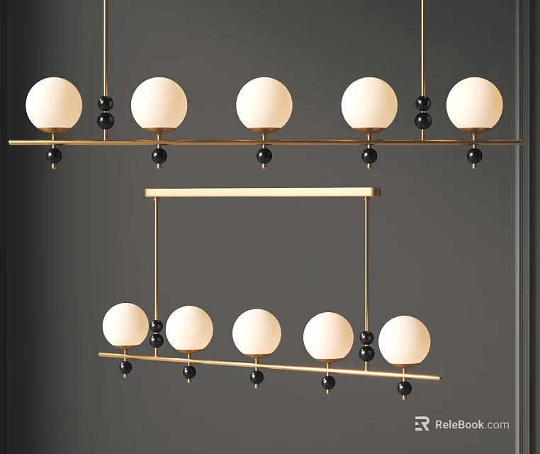 Elegant Chandeliers With Golden Rods White Globe Shades And Black Decorative Balls 3d model 