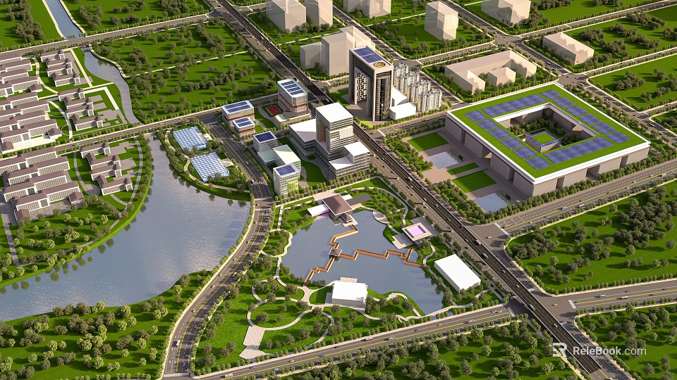 Birds Eye View Urban Planning With Modern Buildings Water Body Green Spaces And Roads 3d model 