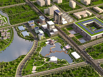 Birds Eye View Urban Planning With Modern Buildings Water Body Green Spaces And Roads 3d model