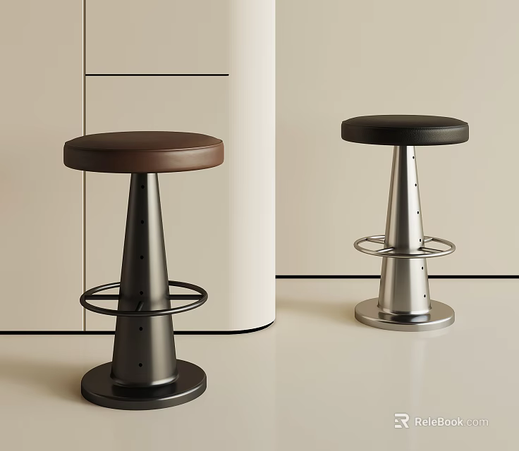 Sleek Modern Round Leather Bar Stools With Polished Metal Base And Footrest For Home Kitchen 3d model 