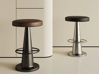 Sleek Modern Round Leather Bar Stools With Polished Metal Base And Footrest For Home Kitchen 3d model