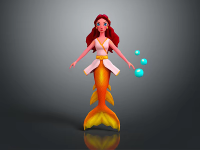 Game Movie Character Red Hair Mermaid With Pink Top Orange Tail And Floating Blue Bubbles 3d model