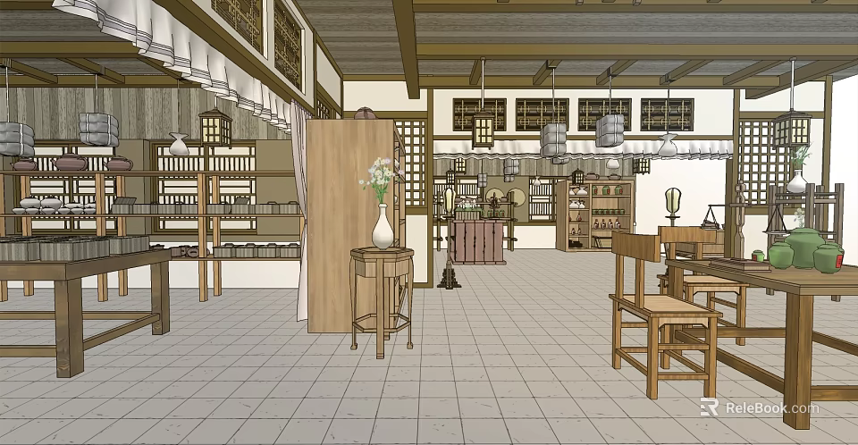Chinese Style Specialty Store Interior With Wooden Decor Traditional Lanterns And Shelves 3d model 