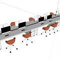 Long Modern Office Desk Setup With Multiple Computer Monitors And Orange Ergonomic Chairs 3d model