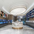 Elegant Mall Store Interior Featuring Marble Counter Food Posters And Chandelier