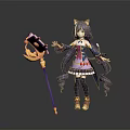 Anime Game Character with Cat Ears Purple Long Hair Purple Blue Dress and Yellow Staff