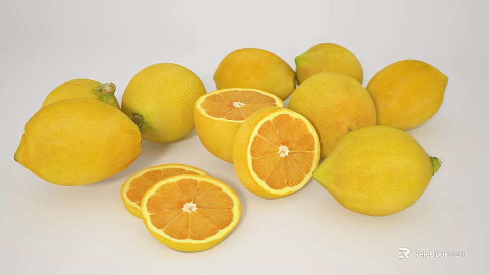 Fresh Lemons Whole And Sliced Bright Yellow With Juicy Flesh On White Background 3d model 