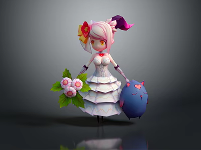 Pink Haired Girl In White Dress Holding Flower Bouquet And Blue Chubby Heart Pattern Creature 3d model