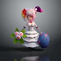 Pink Haired Girl In White Dress Holding Flower Bouquet And Blue Chubby Heart Pattern Creature