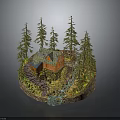 Modern Rustic Log Cabin Scene With Tall Pine Trees Small Stream And Path 3d model