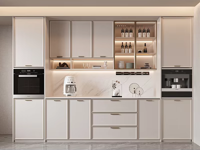 Modern Kitchen Interior With Wine Cabinet Glassware And Wine Bottles 3d model
