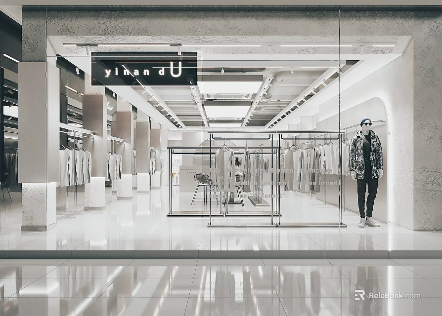 yihan U Clothing Store Modern Interior With Glass Doors Bright Lighting And Displayed Clothes 3d model 