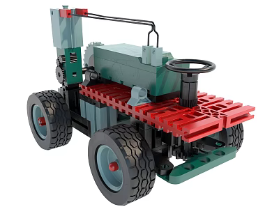 Functional Building Block Vehicle With Green Red Parts Mechanical Structure Steering Wheel And Tires 3d model