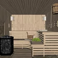 Wooden Sauna Room Interior Design With Wooden Benches Stone Walls Warm Lighting And Wooden Bucket