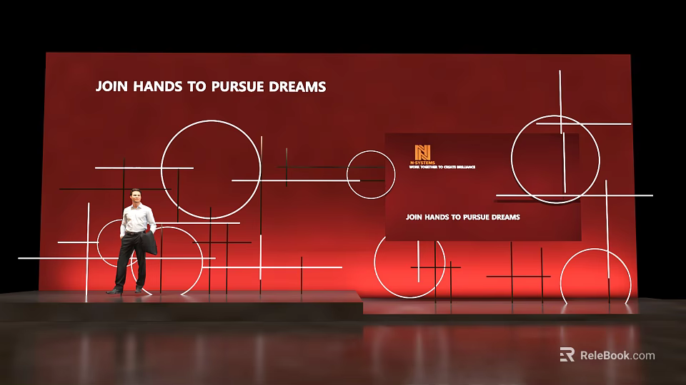 Speaker On Stage With Red Background Geometric Patterns And Join Hands To Pursue Dreams 3d model
