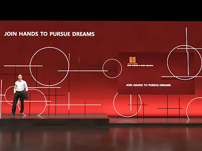 Speaker On Stage With Red Background Geometric Patterns And Join Hands To Pursue Dreams 3d model