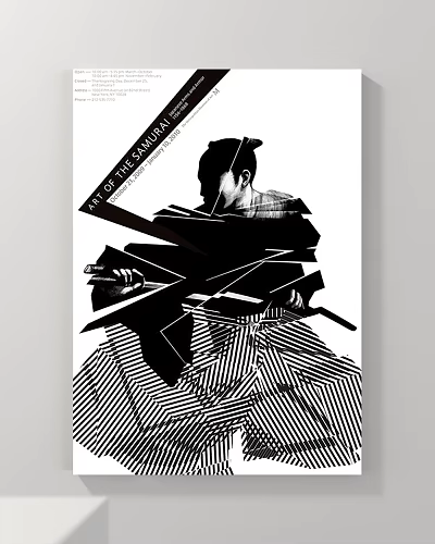 Samurai Portrait Art With Sword And Geometric Lines Black And White Design 3d model
