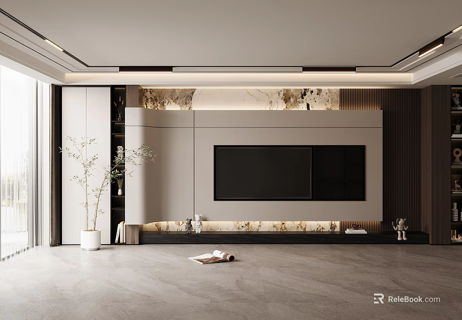 Modern TV Wall Design With Marble Texture Wooden Panels And LED Strip Lights 3d model 