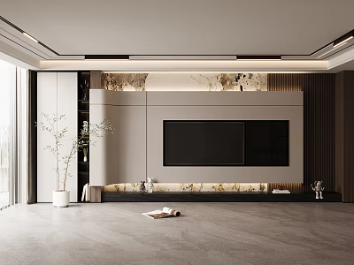 Modern TV Wall Design With Marble Texture Wooden Panels And LED Strip Lights 3d model