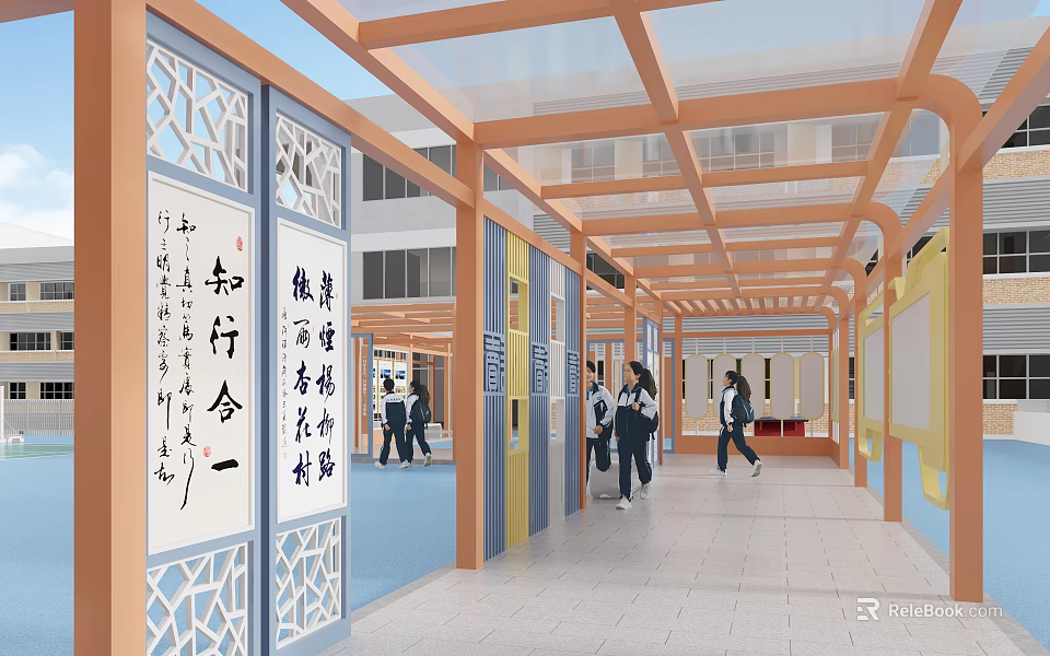 School Corridor with Students Walking Chinese Calligraphy Decorations Orange Ceiling and White Floor 3d model 