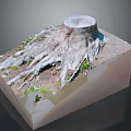 Tree Stump with Exposed Roots and Green Plants on Solid Stone Base Soil 3d model