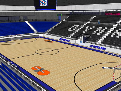 Indoor Basketball Court With Wooden Floor And Blue White Spectator Seats For Fitness 3d model