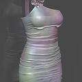 One Shoulder Gradient Color Dress With Ruched Waist And Neck Ribbon Flower