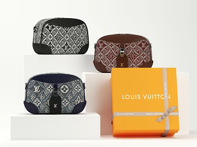 Louis Vuitton Stylish Bags With Different Patterns And Orange Box Displayed On White Stands 3d model