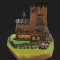 Cartoon Scene Of Floating Island With Quirky House Tilted Roof Watermill And Wooden Fence