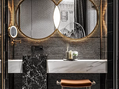 Elegant Modern Washbasin With Double Circular Mirrors Golden Frames Marble Countertop And Black Tiled Background 3d model