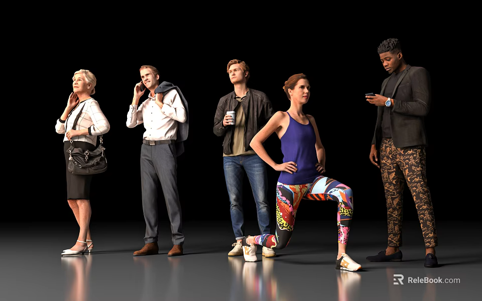 Group of People in Different Poses With Casual and Formal Clothing Standing Against Dark Background 3d model 