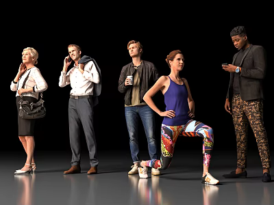 Group of People in Different Poses With Casual and Formal Clothing Standing Against Dark Background 3d model