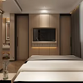Modern Hotel Room Interior With Bed White Linens Decorative Headboard Wall Nightstand And Curtains