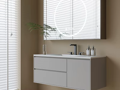 Modern Bathroom Vanity With White Cabinet Round Lighted Mirror Wall Mounted Plant And Faucet 3d model