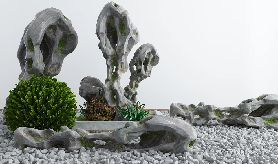 Artistic Garden Ornament with Unique Stone Sculptures Green Plants and Gravel Ground 3d model 