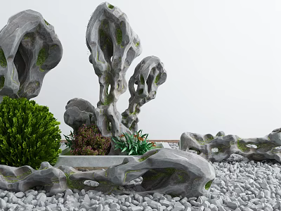 Artistic Garden Ornament with Unique Stone Sculptures Green Plants and Gravel Ground 3d model