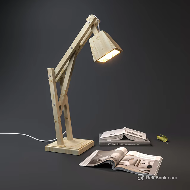 Wooden Table Lamp with Adjustable Arm Warm Light and Open Books Magazines 3d model 